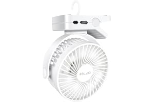 ELZO Mini ventilateur de camping rechargeable USB 12000 mAh avec lumière LED et crochet, rotation 360° et silencieux, télécommande