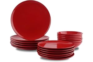 Amazon Basics 18-Piece Stoneware Dinnerware Set - Fire Engine Red, Service for 6
