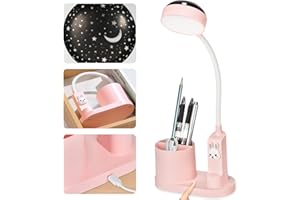 KIEYEENO Schreibtischlampe Kinder, 3 in-1 Kinder Schreibtischlampe mit Stifthalter und Sternprojektion, Wiederaufladbare Nachttischlampe, Dimmbare LED Leselampe für Kinder, Einstellbar in Drei Farben