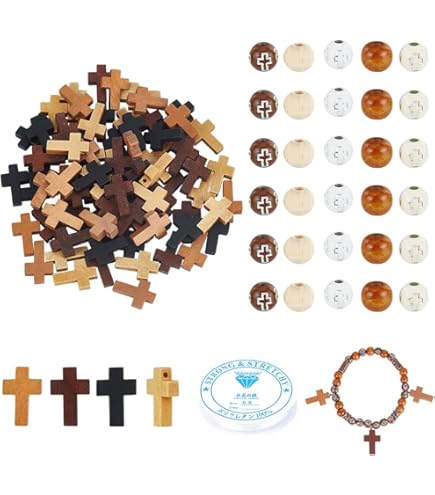 WEBEEDY Houten rozenkransen set bevat 2 kruisen 2 rozenkrans kralen ketting, houten kruis ketting hanger christelijk gebed kruis voor woondecoratie geschenken