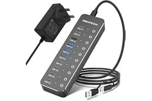 RSHTECH Powered USB C/3.2 Hub 60W, 10 Port USB HUB with 3x 10Gbps USB 3.2 Ports (2C+1A), 7x 5Gbps USB 3.0 Ports (4C+3A), 3.3ft USB-C/A Cable and 12V/5A Power Adapter