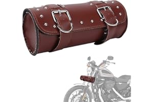AIERACZY Sacoches Cavalières pour Moto, Sacoche de Fourche de Moto, Universelle Grande Capacité Étanche Imperméable Ronde Sac à Outils de Moto en Cuir PU avec 2 Sangles Montage Sacoche de Selle Moto,Marron