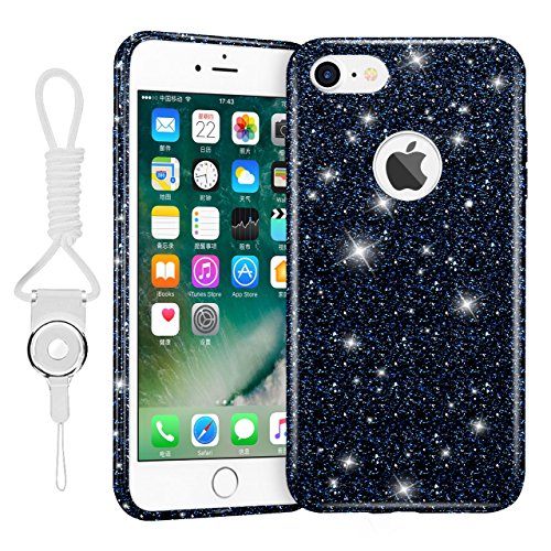 iPhone 7 Case,Hanlesi SHINY iPhone 7 Cover Case[3 in 1 Layers Protection] TPU+PC Ultra Slim Bling Sparkle Glitter Protective/Soft Case for Apple iPhone 7 4.7 Inch(Black)