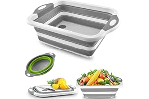 LAQULA Tabla de Cortar Plegable Multifuncional con Contenedores de Colador, Tabla de Cortar de Silicona de Grado Alimenticio, Escurridor de Lavabo, Colador para Cocina (con un Cuenco Plegable)