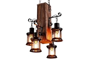 AUCF Lampa wisząca w stylu vintage, E27, industrialny, retro, drewniany, antyczny, czarny, żelazo, szkło, abażur, z regulacją wysokości, oświetlenie loft, do wnętrz, jadalni, salonu, dekoracja sufitowa