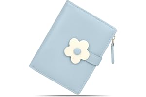 conisy Mały portfel dla kobiet, śliczne składane skórzane wąskie portfele RFID dla kobiet i dziewcząt z zamkiem błyskawicznym portmonetka, Kwiat niebieski, L, Minimalistyczny