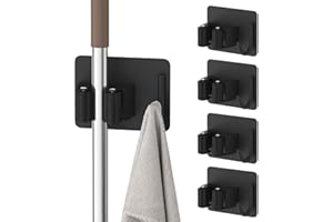 SHIRYLZEE Besenhalterung Wand 4 Stück Besenhalter GerätehalterSelbstklebend Wandhalterung Schrubber Edelstahl Werkzeug Selbstklebend Besen Mop Halter Organizer mit Haken für Küche Badezimmer Garage Garten (4)