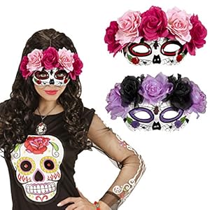 Máscara Sugar Skull Careta La Catrina con rosas Mascarilla Halloween Máscara mexicana de muertos Antifaz Día de los muertos Cubre rostro de muertos