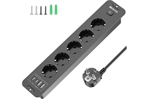 HITRENDS Toma de Empotrar Corriente con 2 USB y 2 Type-C, 5 Tomas Enchufes Multiple Empotrada de Sobremesa con Interruptor, Regleta de Enchufes Empotrada con Cable de 2M para Muebles de Encimera, Negro