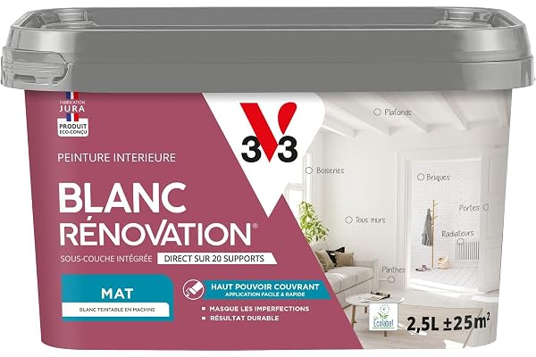 V33 Peinture blanche mur et plafond mat - multi-supports - monocouche - BLANC RENOVATION®, 2,5L