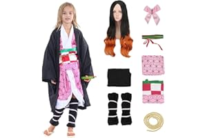 ENHENENHEN Deguisement Nezuko Tanjiro Cosplay Costume with Perruque Anime Démon Costume Deguisement Nezuko Kimono Halloween Tanjirou Cosplay Outfit with Wig pour Enfants Adultes