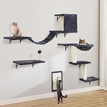 Sobly Wall-Mounted Cat Climber Set With Climbing Shelves, Perches, Bridge,Hammock,Scratching Board & Ball - 7 Pcs Wood Indoor Cat Furniture For Kittens Play (Beige