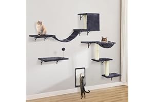 AFYHA Set da parete per gatti con albero di gatto, amaca da parete per gatti, ponte per gatti, tiragraffi e albero tiragraffi – 4 pezzi in legno per gatti Catwalk (grigio fumo)