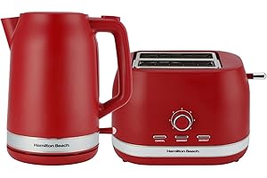 Hamilton Beach Kettle and Toaster Set, Ella, 1.7L Kettle, 2 Slice Toaster, Boil Dry Protection, Removable Filter, 7 Browning Levels, Removable Crumb Tray, Red - HBELLAMR