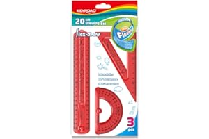 KEYROAD Juego de geometría flexible/Flex Draw con gráfico/juego de matemáticas de 3 piezas: 1 regla de 20 cm, 1 triángulo de dibujo, 1 transportador, agujero para colgar, colores mixtos