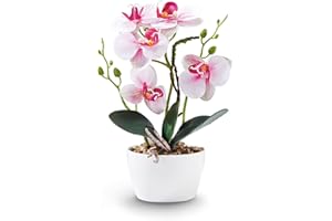 Qucover Orquideas Artificiales, Pequeña Planta Artificial Orquídea Phalaenopsis Rosa con Maceta de cerámica Blanca, Bonita Decoración para Dormitorio, Sala de Estar, Balcón, Cuarto de Baño