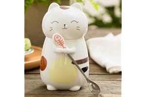 Disoza Kubek z pokrywką kot kubek zabawny kubek do kawy 400 ml, prezent dla kota, ceramiczna, z łyżeczką, do herbaty, kawy, na Boże Narodzenie, prezent urodzinowy dla dziewczyny, kobiety, mężczyzn,