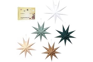 Linkbro 5 Stück Papiersterne zum Aufhängen, 30cm Faltsterne, Natürliche Töne, 9 Zacken Weihnachten Papier Sterne für Fenster Zimmer (Braun, Beige, Weiß, Dunkelgrün, Salbei Grün)