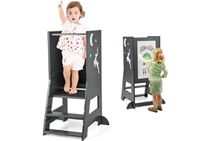 RELAX4LIFE 3 in 1 Torre Montessoriana per Bambini, Torre di Apprendimento Altezza Regolabile, Learning Tower con Lavagna Bifacciale e Piedini Antiribaltamento, per Bambini 1-7 Anni (Grigio)