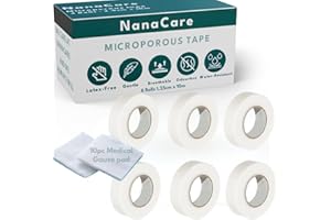 NanaCare Microporous Surgical Tape 1.25cm x 10 m (6 Rolls) + 10pc Gauze Swab| Micropore Tape | Earring Tape |Medical Tape for Skin, Dressings and Face | First Aid Tape Suitable for Sensitive Skin