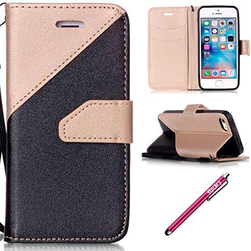 iPhone 5S/SE Leather Case,Hpory Scrub Black And Gold Pattern Book Style Flip Support PU Leather Walllet Case with Credit Card Holder Silicone Protector Bumber Case for iPhone 5S/SE + 1 x Hpory Stylus