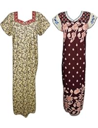 Women Multi-Color Long cotton Nighty (Pack of 2) Combo Printed Nightwear Sleepwear Nightgown (Chest 42)
