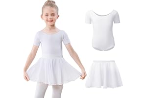 KEFIYIS Ballettkleidung Mädchen Kurzarm Ballettkleid Baumwolle Balletttrikot Kinder Ballettanzug Ballettbody mit Chiffon Rock Tütü 3-11Jahre