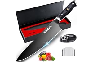 MOSFiATA 8" Couteau de cuisine plaqué titane，Fabriqué en acier inoxydable à haute teneur en carbone EN1.4116, avec protège-doigts et coffret cadeau pour aiguiseur de couteaux