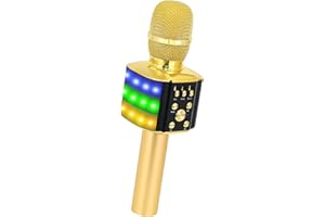 BONAOK Micrófono de Karaoke Inalámbrico Bluetooth con Luces LED controlables, Portátil para Máquina de Karaoke, Regalo de Cumpleaños, Fiesta, Juguete de Viaje para iPhone/Android (Oro Claro)