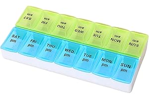: GaoBangM Weekly Pill Boxes 7 Day 2 Times a Day, Travel Pill Organiser with Am/Pm Compartments, BPA Free 7 Day Pill Box Organiser, Tablet Organiser to Hold Vitamins and Medication (Blue+Green)
