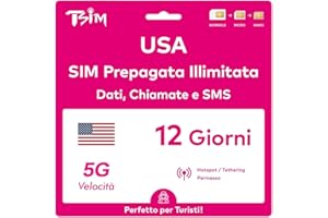 TSIM Scheda SIM USA valida per 12 giorni. Rete T-Mobile con dati illimitati ad alta velocità su 5G/4G/LTE | Chiamate e SMS locali illimitati negli Stati Uniti (inclusa Hawaii). Scheda SIM 5G!