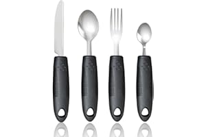 QOCO Schwarzes Easy Grip Besteck Set mit 4 Behinderungshilfen Besteck Behinderte Hände mit Messer Gabel Löffel Pflegebesteck Großer breiter Griff Ideale Esshilfe für ältere Menschen Arthritis Parkinson