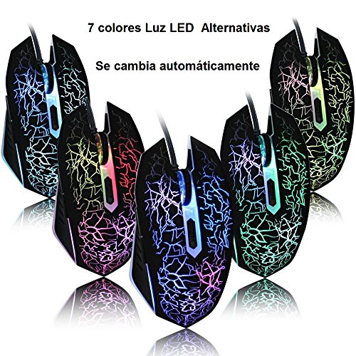 VersionTECH  Rat  n Gaming con Cable hasta 2400 DPI Rat  n Ergon  mico   ptico para Juegos con 7 Colores Luz LED 6 Bot  n Gaming Mouse Wired para PC Ordenadores Port  til Mac Negro 