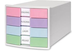 ‎HAN HAN Schubladenbox IMPULS 2.0 mit 4 geschlossenen Schubladen für DIN A4/C4 inkl. Beschriftungsschilder, Auszugsperre, möbelschonende Gummifüße, premium Qualität, 1012-129, weiß/pastell
