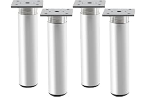 Rusoz 4 Pièces Pieds de Meuble Reglable,Pieds de Table Metal 200 mm Hauteur Pieds De Lit Alliage D'aluminium Argent Mat Rond Hauteur Réglable 0-20 mm avec Vis pour Canapé, Lit, Et Armoires