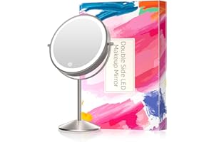 FUNTOUCH Lusterko kosmetyczne z oświetleniem, 20 cm, dwustronne, powiększenie 10-krotne, 3-kolorowe oświetlenie, opcja przyciemniania, sterowanie dotykowe, obrót o 360°, bezprzewodowe podświetlane lusterko