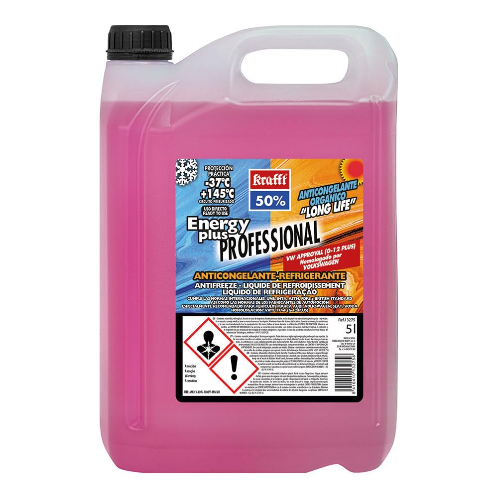 krafft Anticongelante Coche G12+ Orgánico de Uso Directo - Líquido Refrigerante Coche Energy Plus 50% - Protección del Circuito Presurizado entre -37°C / +145°C - 5L