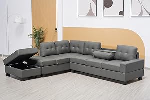 SOFAHEAVEN Western Grey Bonded Leather Corner Sofa suite With Drop Down Cup Holder And Ottoman for livingrooms -Cheap sofas & couches-3020 (Grey, Left Hand Side)
