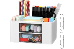 DAGORD Organiseur de Bureau Blanc avec Tiroir Papeterie Organizer avec 5 Compartiments et 2 Tiroirs Coulissants + 2 Métal Pen Clips Boîte de Rangement de Bureau Multifonctionnel pour Maison École