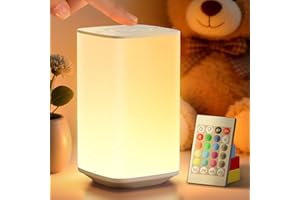 Auxmir Lámparas de Mesita de Noche, Recargable por USB 4000mAh, Lámpara de Mesa LED, 256 Colores RGB, 4 Modos, Control Remoto y Táctil, Temporizador, Luz Nocturna para Niños, Dormitorio, Blanco