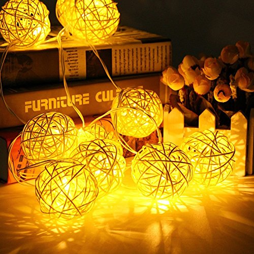 Weihnachtsbeleuchtung 20 Rattan Ball Lichterkette String Lights Batteriebetrieben für Hochzeit, Geburtstag Party, Weihnachtsdeko, 2,2 m, Warm Weiß - 2