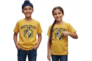 GWCC Official Harry Potter Kids Hufflepuff House T-Shirt | Licensed Unisex Tee | 100% Cotton Yellow Hogwarts Crest Top | Sizes 1–13 Years