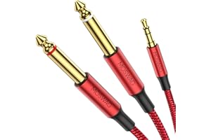 MOSWAG Câble Audio 3.5mm vers Double 6.35mm 1M, 6.35 vers 3.5 Mâle Y Splitter TRS Jack, Plaqué Or Nylon Tressé 3,5mm à 2X 6,35mm Splitter Câble pour Amplificateur, Cinéma Maison