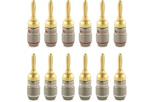 Nakamichi FanLock Excel Series 24k Gold Plated Banana Plug 10 AWG - 18 AWG Gauge Size 4mm for Speakers Amplifier Hi-Fi Stereo Home Theatre Radio Audio Wire Cable Quick Connector 12 Pcs (6-Pairs)