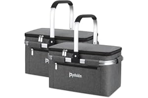 Pynhoklm Einkaufskorb kuhltaschen Korb mit Kühlfunktion Kühlkorb Einkaufstasche Klappkorb Isoliertasche Faltbar Picknickkorb-für Reisen/Picknick/Einkaufen (Grau 2 Stück)