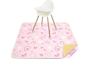 Unicorn Castle High Chair Splash Floor Mat, Waterproof Washable Slip Splash Mat for Under High Chair Food Catcher,Pink Rainbow,107x117cm