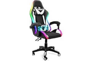 Todeco Gaming Sedia Massaggio con Luci A LED PC Sedia Racing da Gioco Ufficio Ergonomica con poggiatesta e cuscino lombare Massaggio Girevole a 360 °Schienale e Altezza Regolabile, bianco