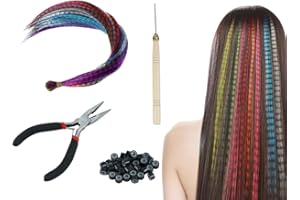 Kellegour Kit Extension de Cheveux Colorés,50 pcs Extensions Plumes Synthétiques,Meche Cheveux Couleur,avec Perles,Crochet,Pince,Kit Plumes Colorées pour Cheveux Fête Soirées,Halloween,Cosplay