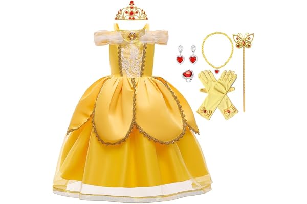 MYRISAM Filles Princesse Belle Robe de Carnaval Hors Épaule Costume de la Beauté et la Bête Halloween Cosplay Fancy Dress up Déguisements Cosplay Cérémonie Anniversaire (Accessoires)