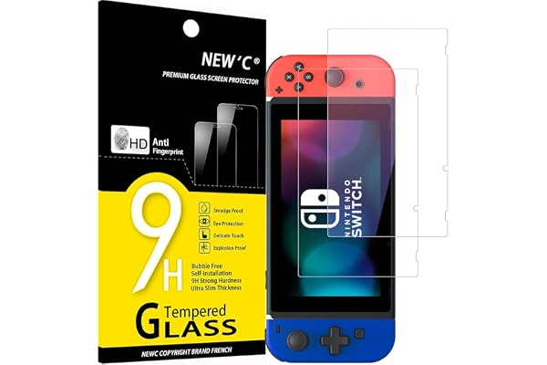 NEW'C 2 Piezas, Protector Pantalla para Nintendo Switch, Cristal templado Antiarañazos, Antihuellas, Sin Burbujas, Dureza 9H, 0.33 mm Ultra Transparente, Ultra Resistente